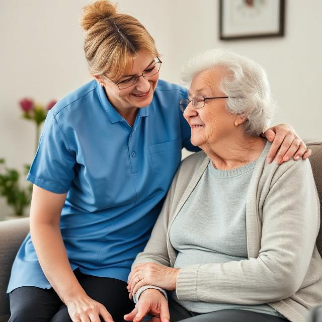 carer with their arm around an older lady 