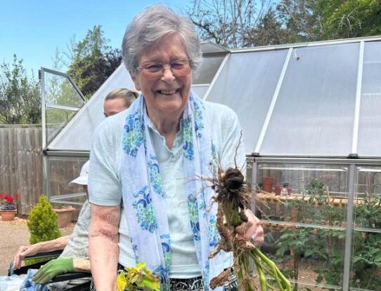 older lady planting a plant in a garden